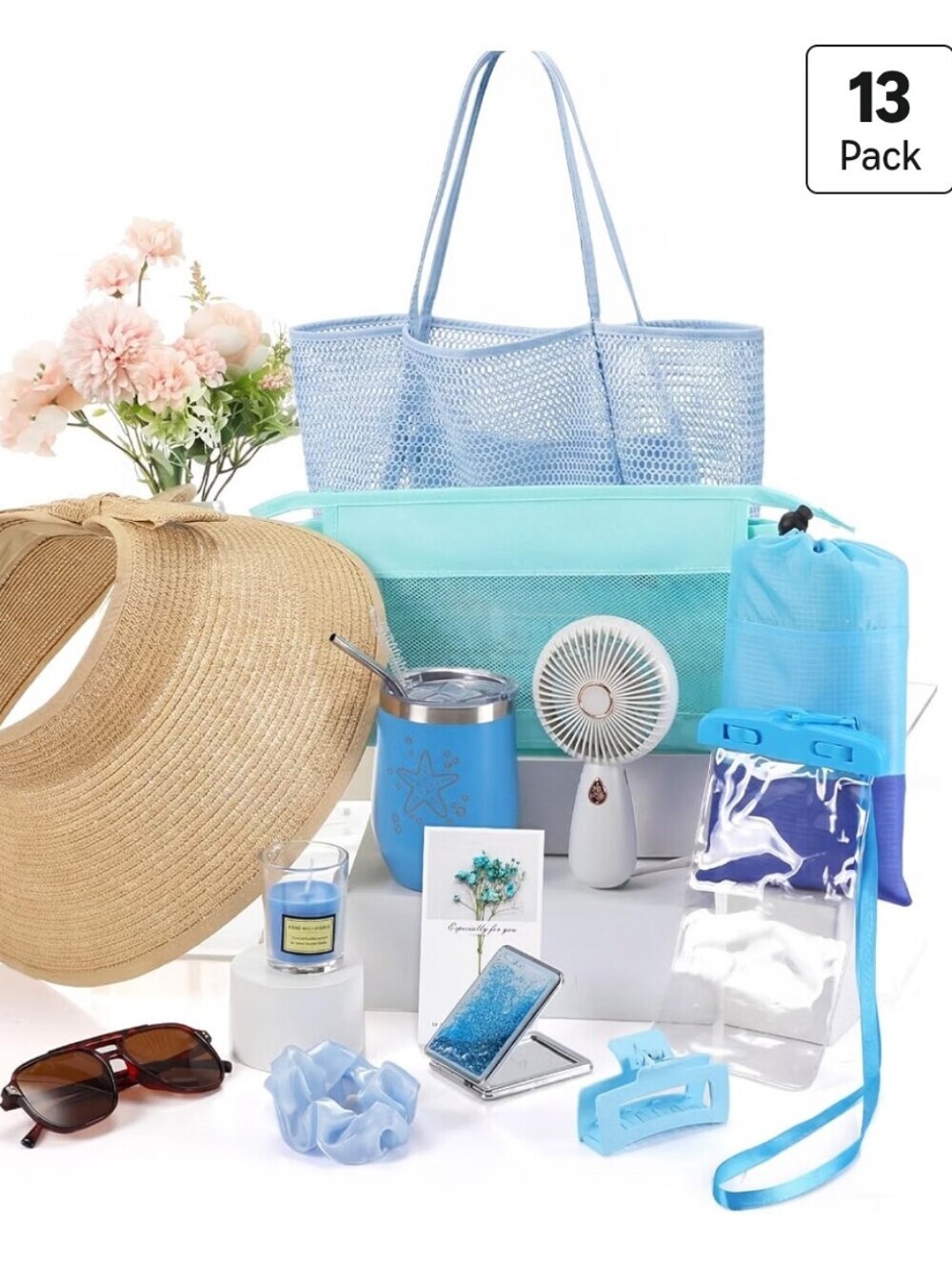 Beach Tote Gift Set with Sun Hat and Accessories - Light Blue Aqua